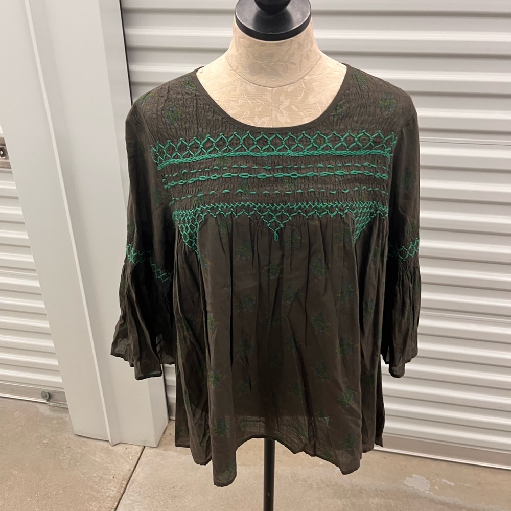 Johnny Was Olive Blouse with Emerald Embroidery
